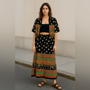 (Set)Vintage Natural Touch 100% Rayon Made in India Maxi Skirt & Button Down Set
